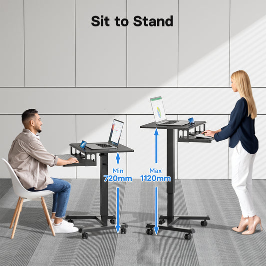 BONTEC 65×45cm Mobiler Computer-Arbeitsplatz mit zwei Ebenen, Höhenverstellbarer Schreibtisch mit 4 Rollen, Laptop-Ständer auf Rädern, Tragbarer Beistelltisch für Home-Office, Wohnzimmer, Schlafzimmer