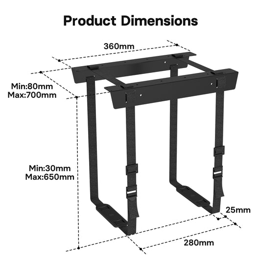 BONTEC Verstellbare PC-Halterung unter dem Schreibtisch, CPU-Halterung aus Stahl mit 20 kg Tragkraft | Platzsparendes, hängendes Design, sichere Gurte für Gehäuse bis zu 180 cm (71 Zoll), einfache Montage, sorgt für Ordnung am Arbeitsplatz