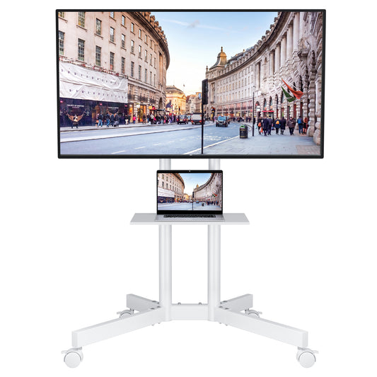 BONTEC Mobiler TV-Ständer auf Rollen, TV-Wagen mit feststellbaren Rollen für 32-85 Zoll LED-, LCD-, OLED-Flach- und Curved-TVs, neigbar, höhenverstellbar, max. VESA 600x400mm, 55kg Traglast, Laptopablage