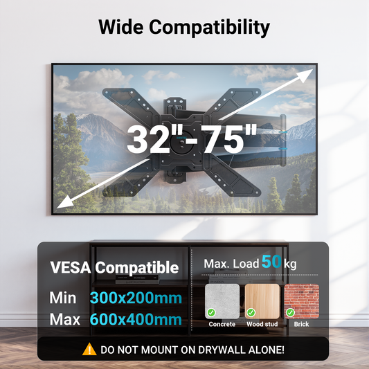 BONTEC Universal TV-Wandhalterung, voll beweglich, für 32 bis 75 Zoll Smart-TVs, 838 mm extra langer Arm für Eckmontage, Drehung von Quer- zu Hochformat, schwenk- und neigbar, 50 kg Tragkraft, max. VESA 600x400 mm