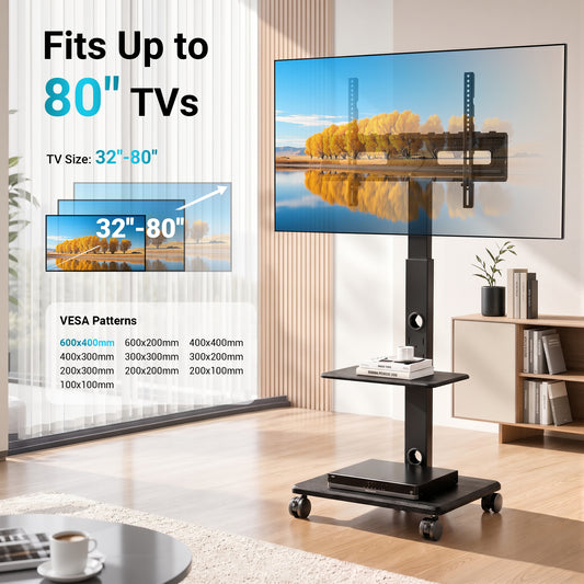 BONTEC TV-Ständer auf Rollen, Holzsockel mit 5 Rollen, mobiler Bodenständer für 32 bis 80 Zoll Fernseher, tragbarer Rollwagen, breite Säule, 60 kg, VESA 600x400, leichtgängige Rollen, doppeltes Kabelsystem, höhenverstellbar