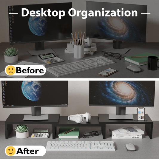 BONTEC Doppelmonitor-Ständererhöhung, verstellbare Länge und Winkel, ergonomischer Schreibtisch-Organizer mit Smartphone-Halterung, extra Stauraum und Kabelmanagement, hölzerner Monitorständer für Laptop, Drucker und Monitor