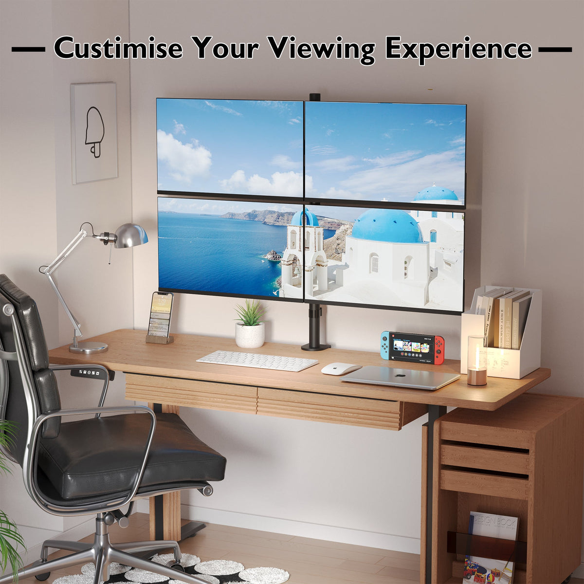 BONTEC Quad Vierfach-Schreibtischhalterung Ergonomischer LCD-Computermonitorhalter Neigung Schwenkbar Drehbar 13"-27" Bildschirm TV