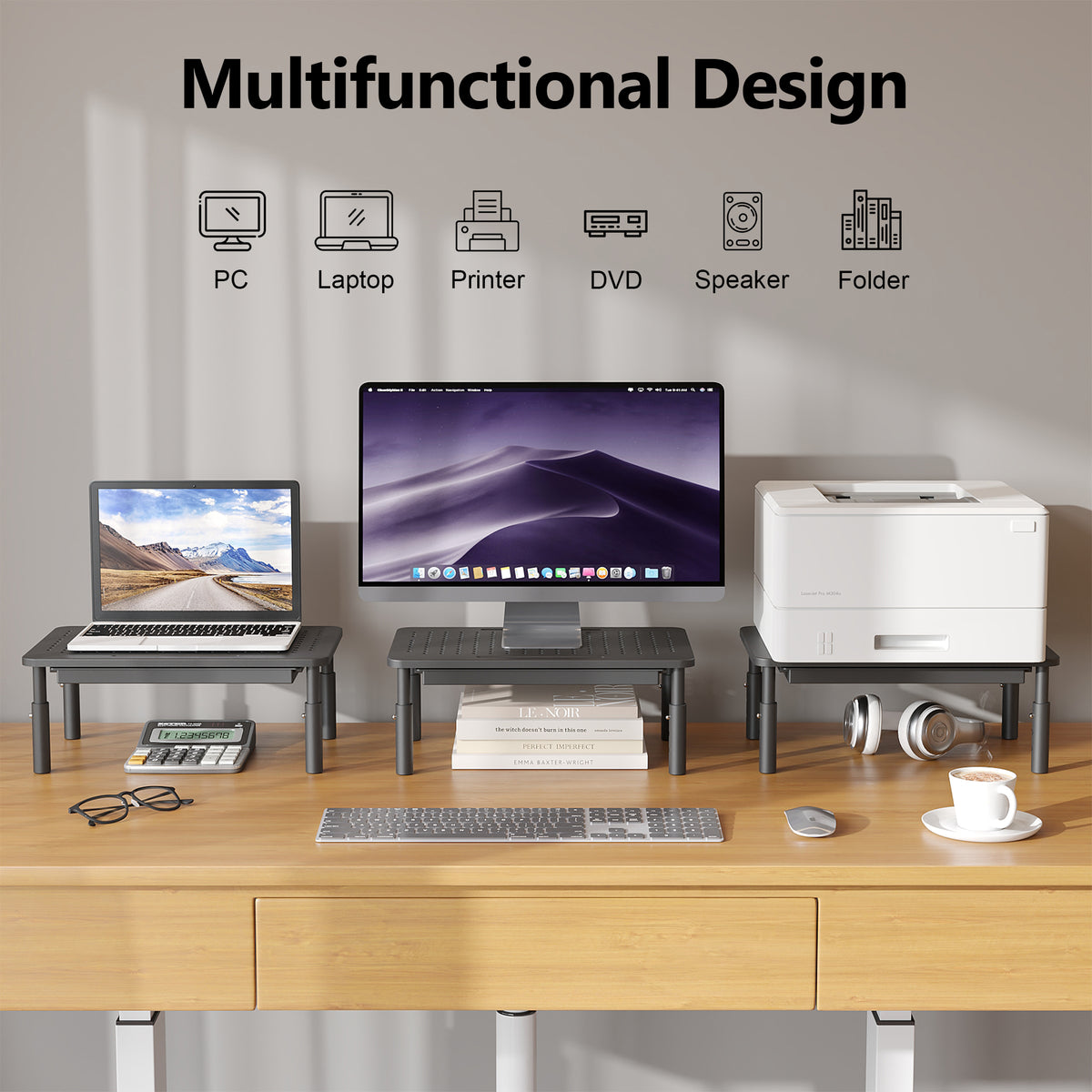 BONTEC Monitorständer mit Schublade, 3-fach höhenverstellbarer Monitor-Erhöhung für den Schreibtisch, Gitterplattform für Laptop, Computer, iMac, Drucker bis zu 20 kg, Schreibtisch-Organizer mit Kabelbindern