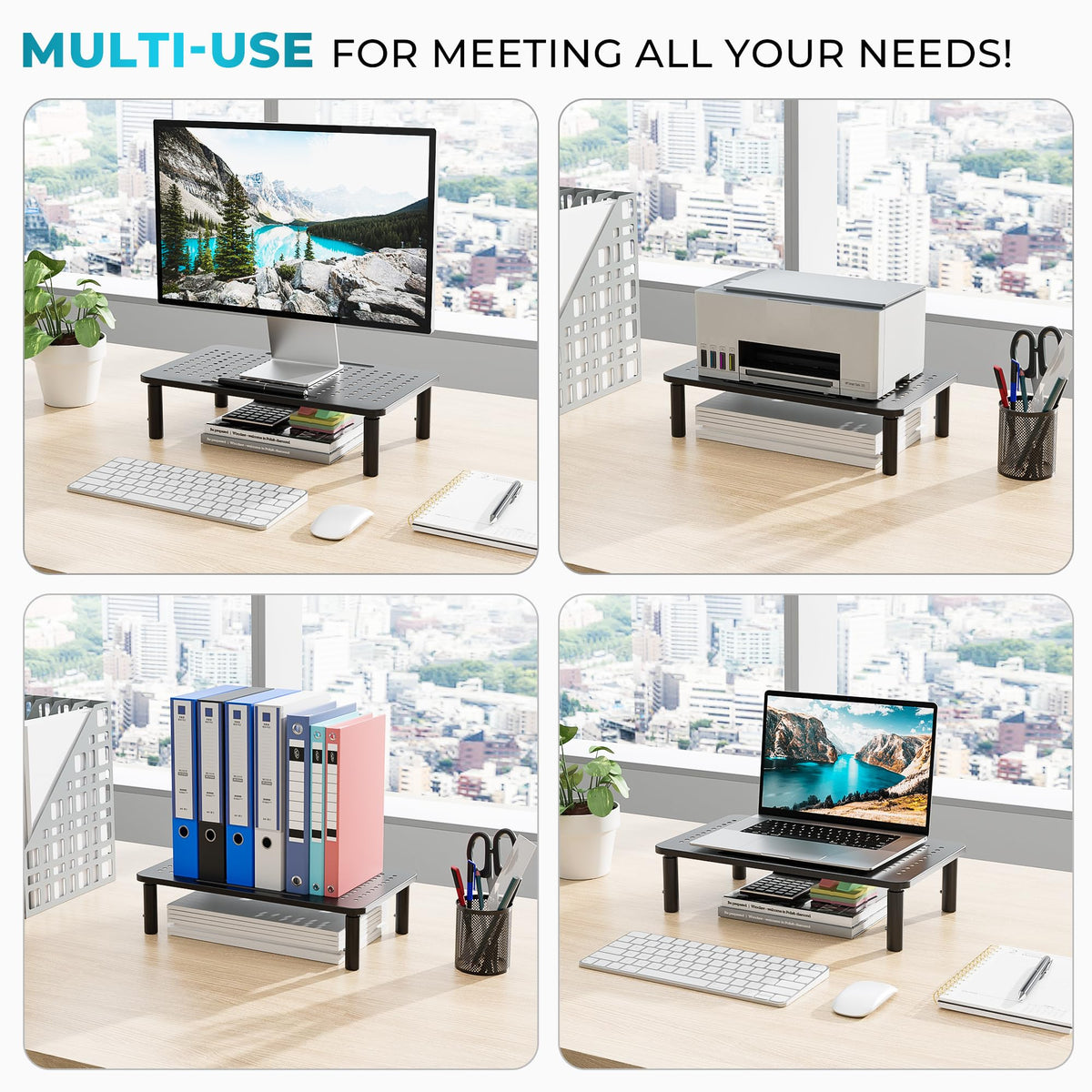 BONTEC Metall Monitorständer, Höhenverstellbarer Ständer für Schreibtisch, Ergonomischer 3-stufiger Schreibtisch-Organizer mit Kabelmanagement, Laptop- & Computermonitorständer bis 20 kg, 2er-Pack