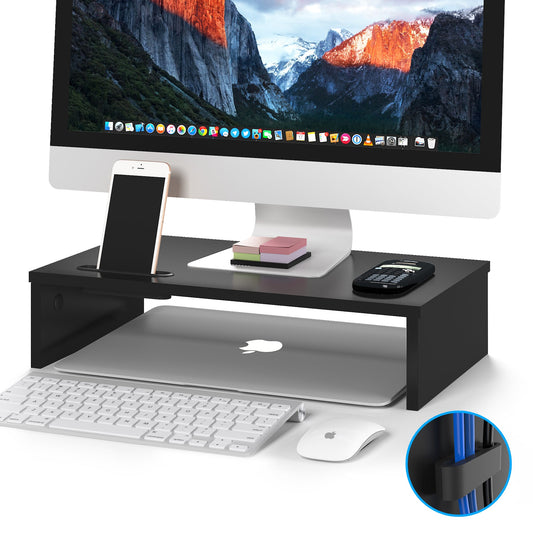 BONTEC Holz Monitorständer Erhöhung mit Smartphone-Halter, Ergonomischer Laptop-Tischdrucker-Ständer mit Kabelmanagement für Computer, Notebook, iMac, PC, 1 Etage Schwarz (B420 x T235 x H104mm)