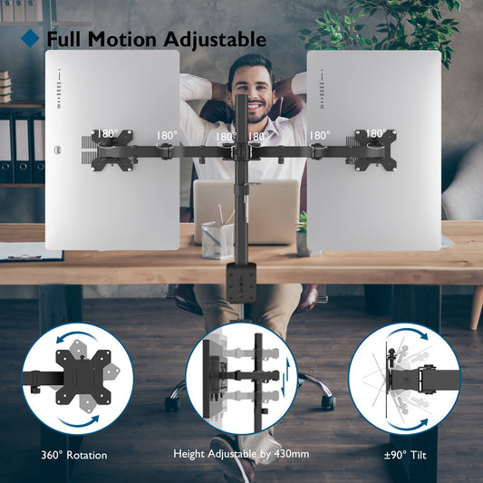 BONTEC Dual Monitor Halterung für 13–27 Zoll Computermonitore, VESA 75x75/100x100, vollständig beweglicher Monitorarm mit 360° Drehung, höhenverstellbar bis 430 mm, max. 10 kg pro Arm