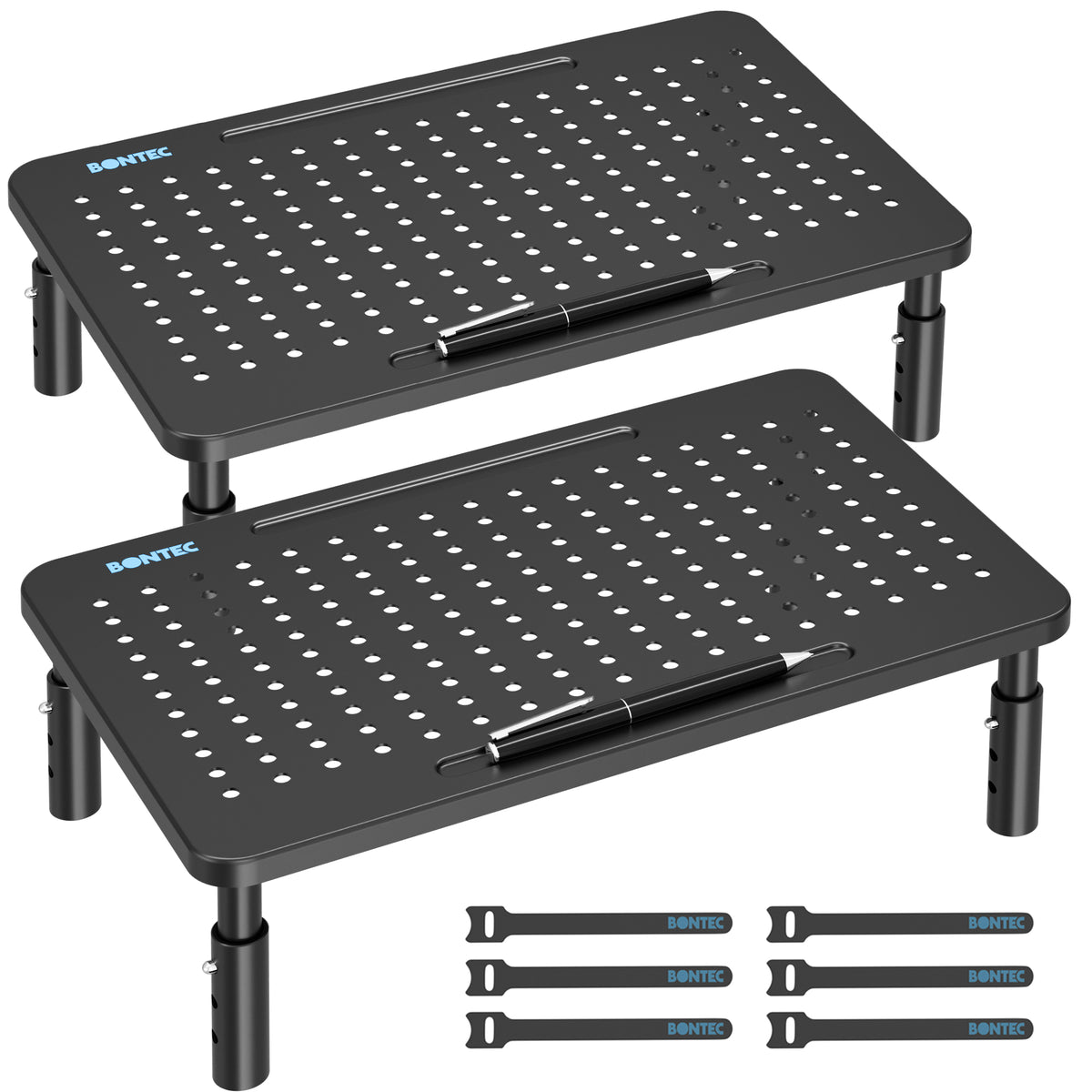 BONTEC Metall Monitorständer, Höhenverstellbarer Ständer für Schreibtisch, Ergonomischer 3-stufiger Schreibtisch-Organizer mit Kabelmanagement, Laptop- & Computermonitorständer bis 20 kg, 2er-Pack