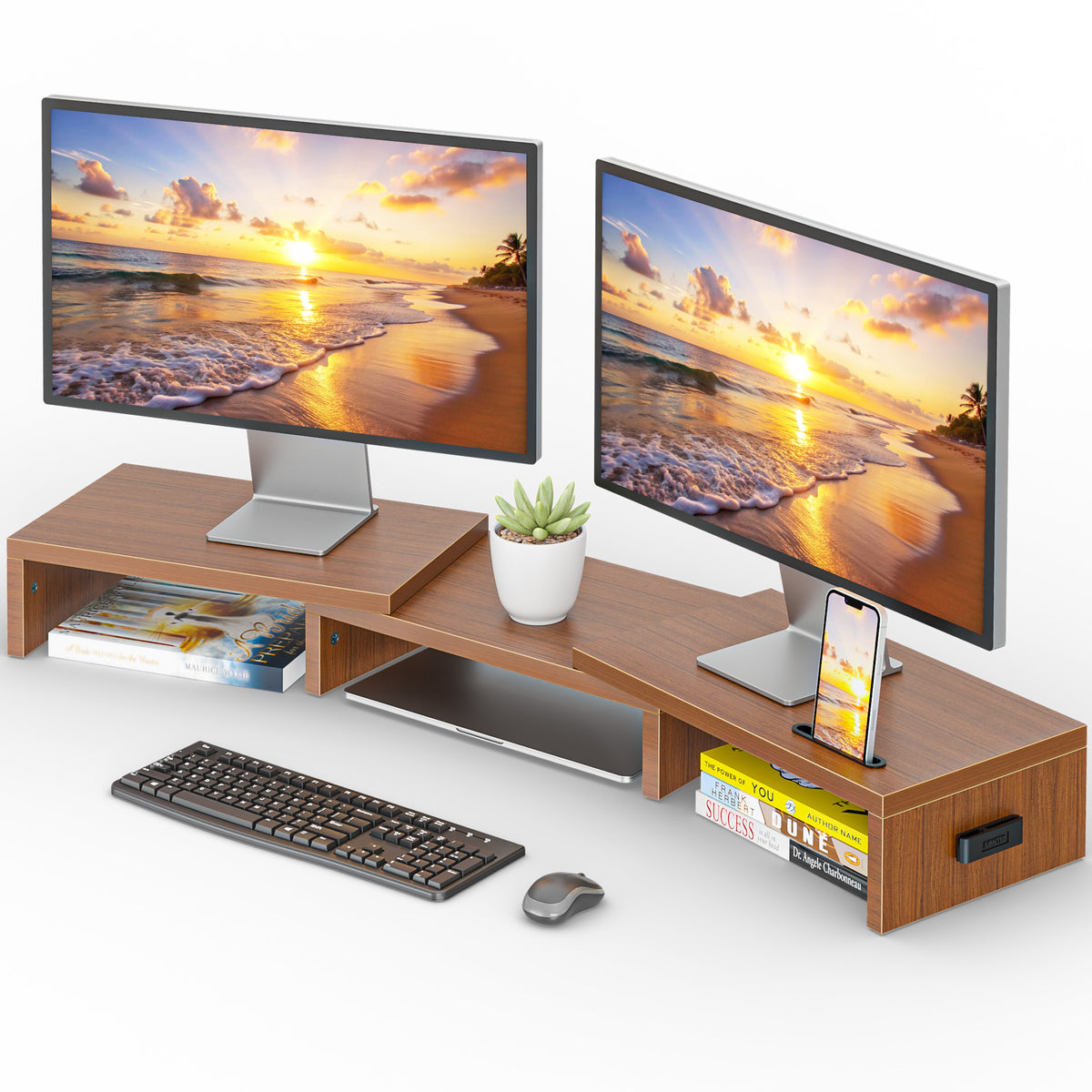 BONTEC Doppelmonitor-Ständererhöhung, verstellbare Länge und Winkel, ergonomischer Schreibtisch-Organizer mit Smartphone-Halterung, extra Stauraum und Kabelmanagement, hölzerner Monitorständer für Laptop, Drucker und Monitor