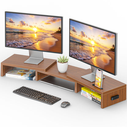 BONTEC Doppelmonitor-Ständererhöhung, verstellbare Länge und Winkel, ergonomischer Schreibtisch-Organizer mit Smartphone-Halterung, extra Stauraum und Kabelmanagement, hölzerner Monitorständer für Laptop, Drucker und Monitor