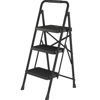 BONTEC 3-Stufen-Leiter, 272 kg Tragkraft mit breiten Anti-Rutsch-Pedalen, klappbarer Stahl-Tritthocker, Schwammgriff, leichte, tragbare Leiter geeignet für Zuhause, Küche, Speisekammer, Innen- und Außenbereich, Schwarz