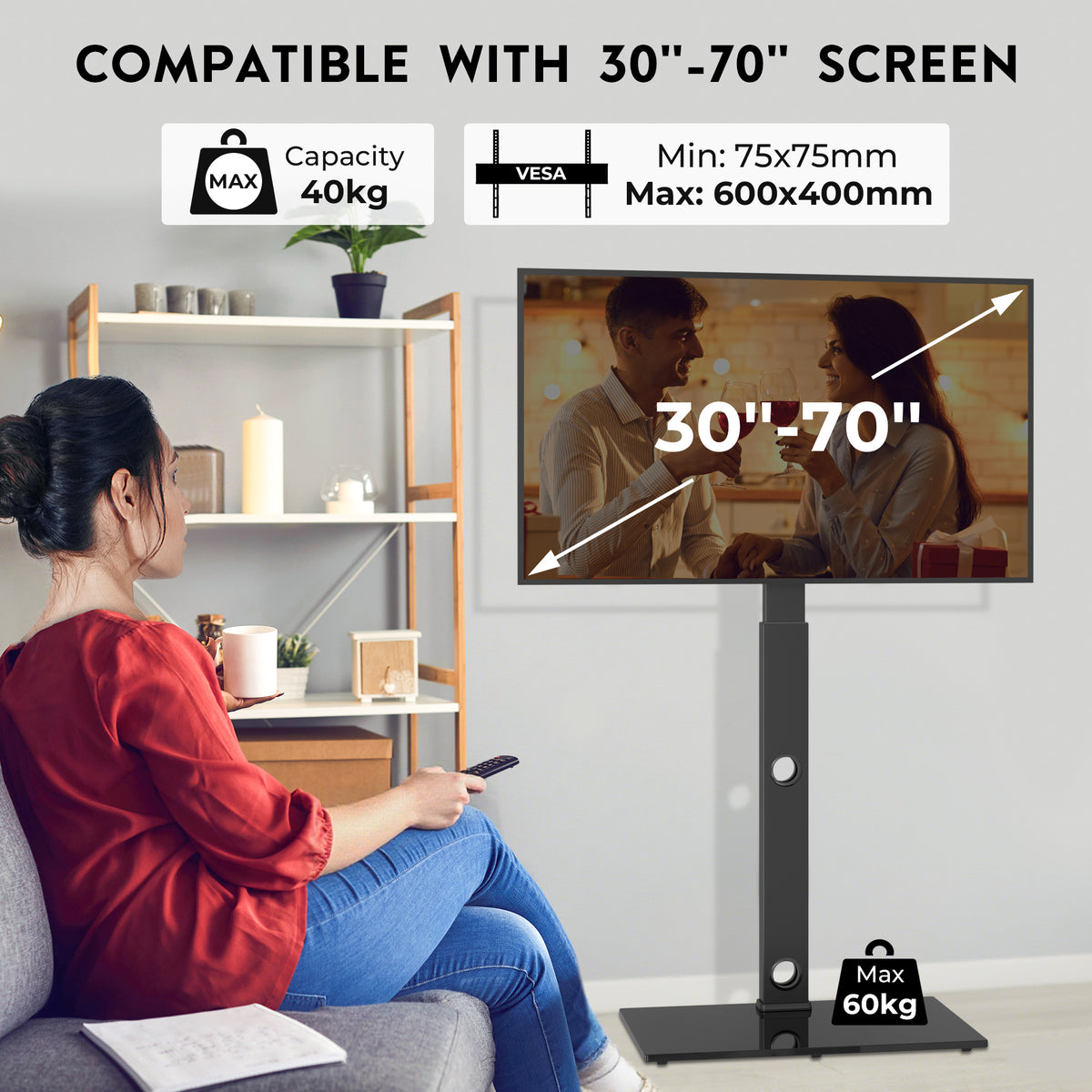 BONTEC TV-Bodenständer für 30-70 Zoll LED LCD OLED Flachbildschirme und Curved TVs, höhenverstellbarer schwenkbarer Standfuß, universal freistehender TV-Ständer bis 40 kg, max. VESA 600x400mm