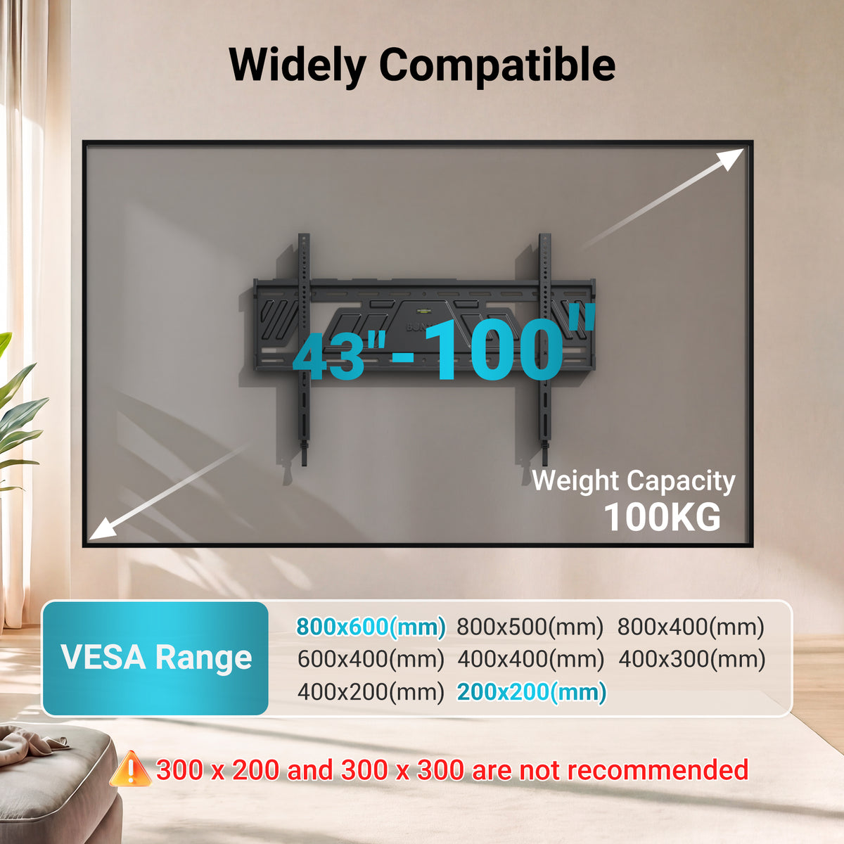 BONTEC feste TV-Wandhalterung für 43 bis 100 Zoll Flach- und Curved-Fernseher, ultraschlank 23 mm flaches Profil, hohe Belastbarkeit 100 kg, maximale VESA 800x600mm, einteilige Platte, sauberes, bündiges Design
