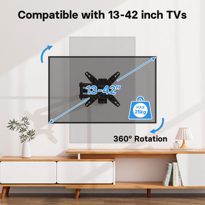 BONTEC TV-Wandhalterung für die meisten 13-42 Zoll Flach- und Curved-Fernseher bis 25kg, voll bewegliche TV-Halterung mit Neige-, Schwenk- und 360°-Drehfunktion, Max. VESA 200x200mm