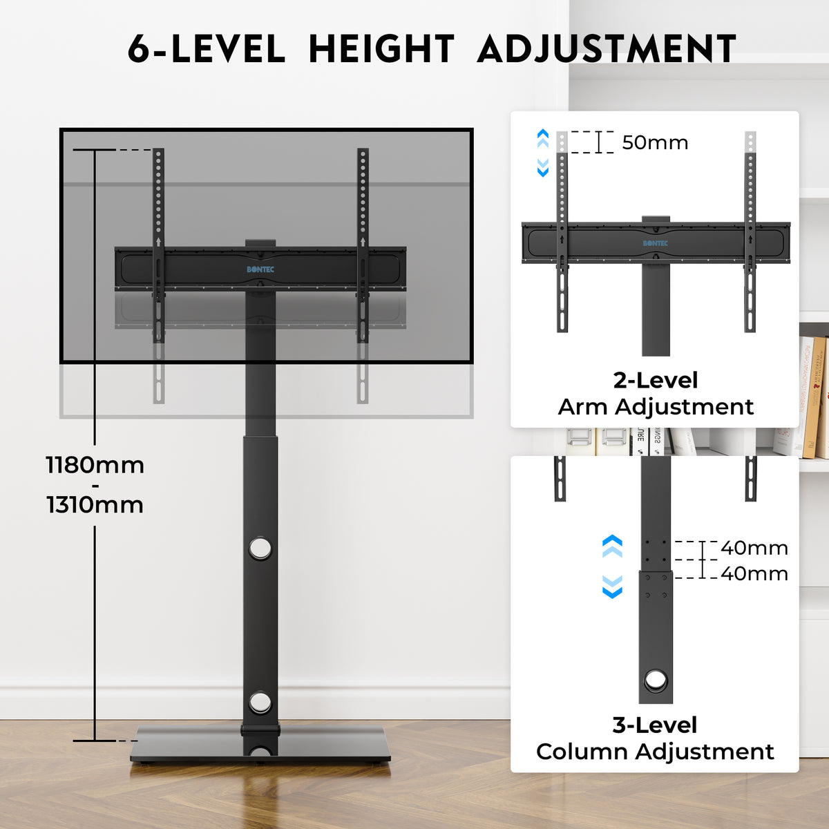 BONTEC TV-Bodenständer für 30-70 Zoll LED LCD OLED Flachbildschirme und Curved TVs, höhenverstellbarer schwenkbarer Standfuß, universal freistehender TV-Ständer bis 40 kg, max. VESA 600x400mm