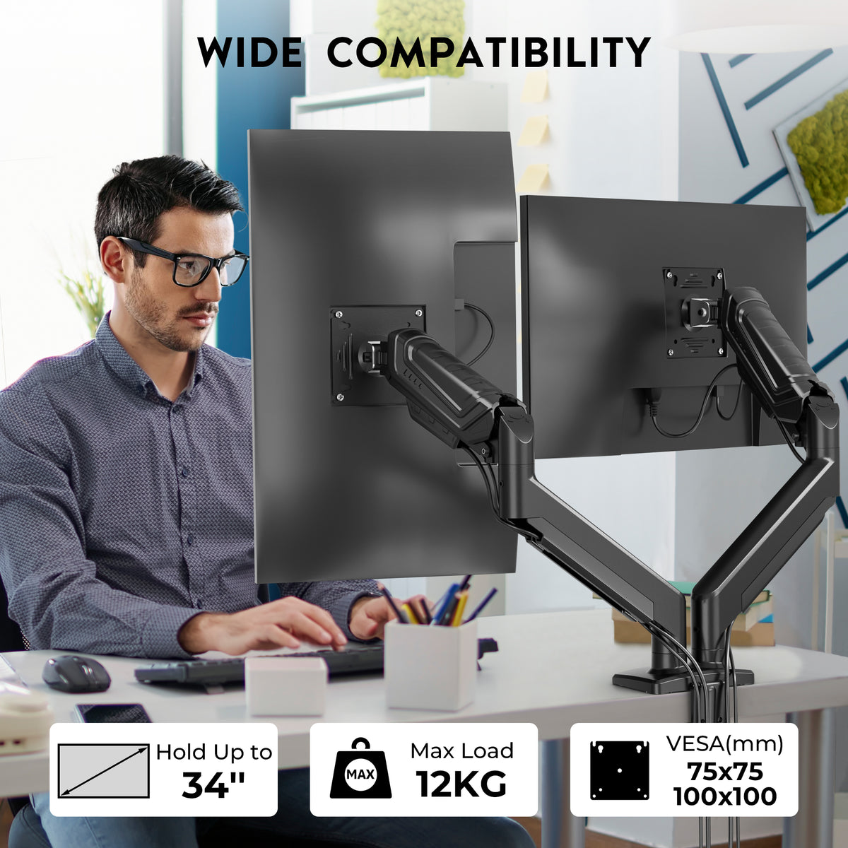 BONTEC Dual-Monitorhalterung für 24-34 Zoll Bildschirme, verstellbarer Gasfeder-Monitorarm Schreibtischhalterung, volle Bewegungsfreiheit, VESA 75x75 100x100, C-Klemme, ergonomisch für Büro oder Gaming, Kabelmanagement