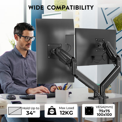 BONTEC Dual-Monitorhalterung für 24-34 Zoll Bildschirme, verstellbarer Gasfeder-Monitorarm Schreibtischhalterung, volle Bewegungsfreiheit, VESA 75x75 100x100, C-Klemme, ergonomisch für Büro oder Gaming, Kabelmanagement