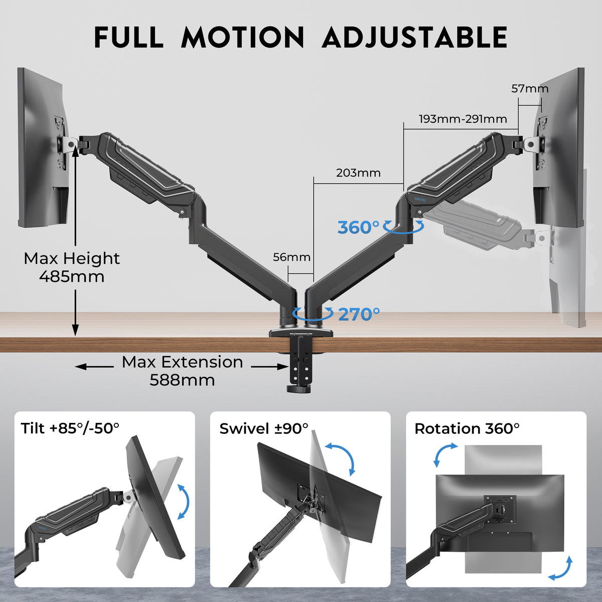 BONTEC Dual-Monitorhalterung für 24-34 Zoll Bildschirme, verstellbarer Gasfeder-Monitorarm Schreibtischhalterung, volle Bewegungsfreiheit, VESA 75x75 100x100, C-Klemme, ergonomisch für Büro oder Gaming, Kabelmanagement