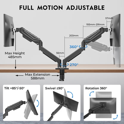 BONTEC Dual-Monitorhalterung für 24-34 Zoll Bildschirme, verstellbarer Gasfeder-Monitorarm Schreibtischhalterung, volle Bewegungsfreiheit, VESA 75x75 100x100, C-Klemme, ergonomisch für Büro oder Gaming, Kabelmanagement