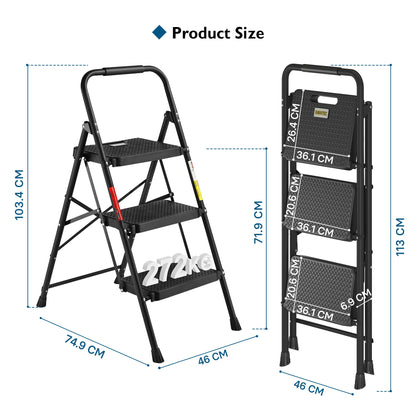 BONTEC 3-Stufen-Leiter, 272 kg Tragkraft mit breiten Anti-Rutsch-Pedalen, klappbarer Stahl-Tritthocker, Schwammgriff, leichte, tragbare Leiter geeignet für Zuhause, Küche, Speisekammer, Innen- und Außenbereich, Schwarz