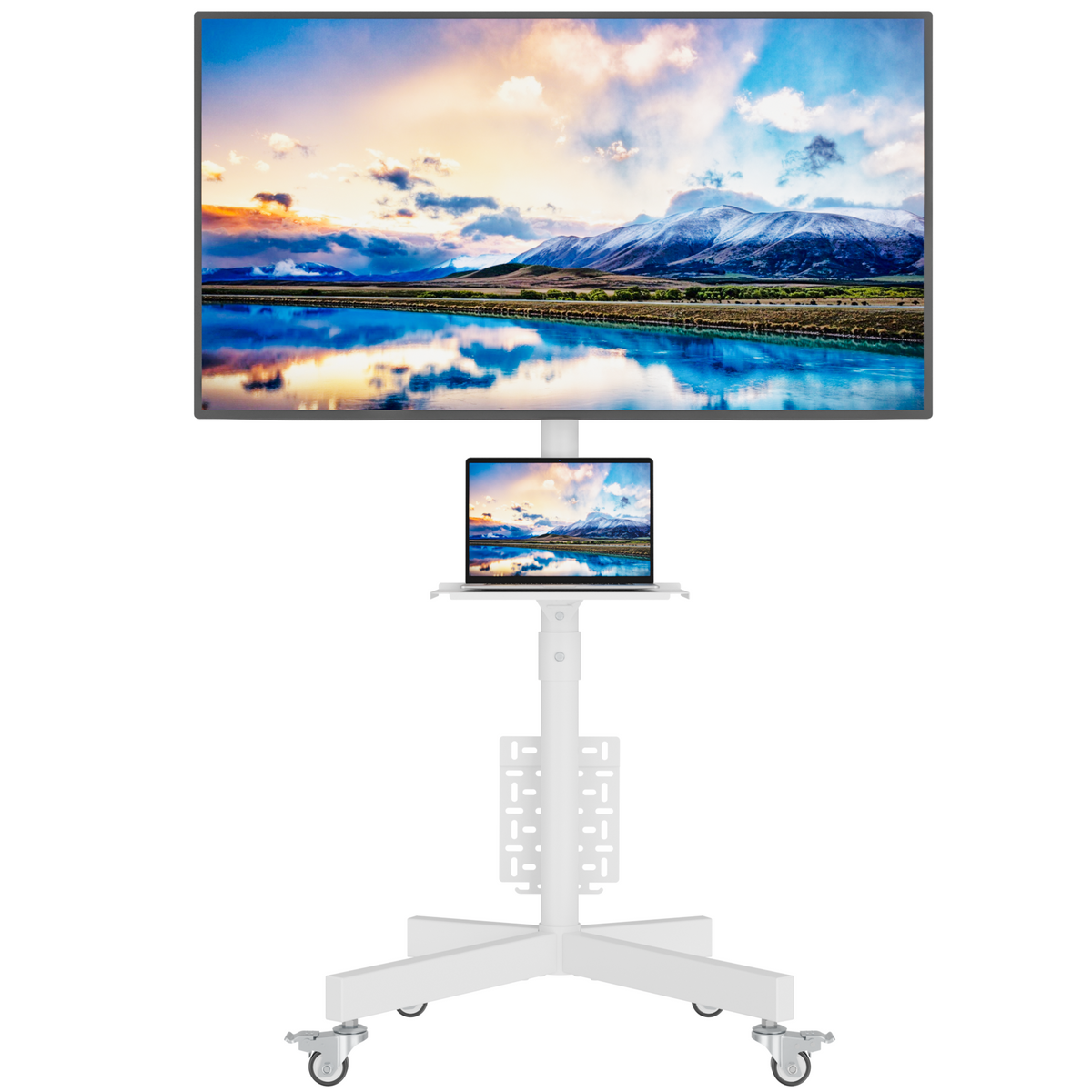 BONTEC Mobiler TV-Ständer mit Lochwand-Aufbewahrung für 23–60 Zoll Fernseher, Höhenverstellbarer TV-Rollwagen mit neigbarer Halterung, Tragkraft 40kg, Max VESA 400x400mm, arretierbare Metallrollen, Metallablage & Kabelmanagement