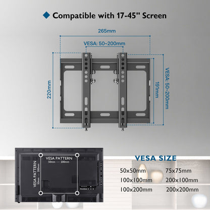 BONTEC Flache TV Wandhalterung für die meisten 17-45 Zoll LED/LCD/OLED Plasma Flachbildfernseher, Ultraschlanke neigbare Wandhalterung bis 30kg, Max VESA 200x200mm, Wasserwaage und Kabelbinder inklusive