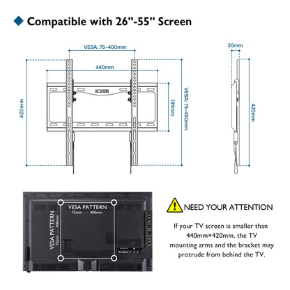 BONTEC TV-Wandhalterung für die meisten 26-65 Zoll LCD/LED/OLED Flach- und Curved-Fernseher, neigbare schlanke TV-Wandhalterung bis 55kg