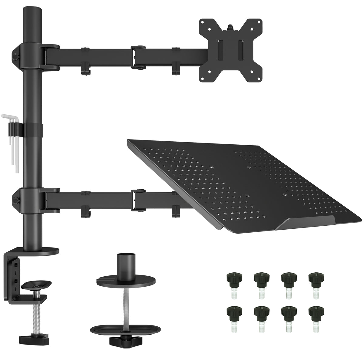 BONTEC Monitorarmhalterung mit Laptop-Fach für 13 bis 27 Zoll LCD LED Bildschirm & bis zu 17 Zoll Notebook, Neig-, Dreh- und Schwenkbar Ergonomischer Tischständer mit Klemme, VESA-Maße: 75x75-100x100mm