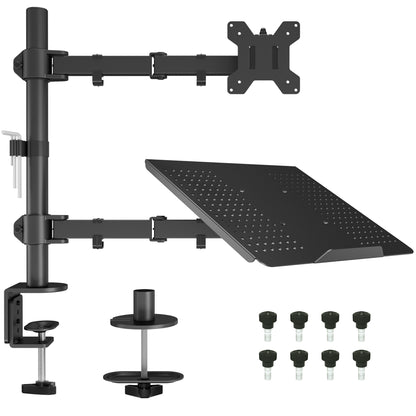 BONTEC Monitorarmhalterung mit Laptop-Fach für 13 bis 27 Zoll LCD LED Bildschirm & bis zu 17 Zoll Notebook, Neig-, Dreh- und Schwenkbar Ergonomischer Tischständer mit Klemme, VESA-Maße: 75x75-100x100mm