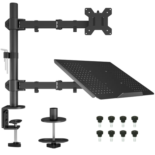BONTEC Monitorarmhalterung mit Laptop-Fach für 13 bis 27 Zoll LCD LED Bildschirm & bis zu 17 Zoll Notebook, Neig-, Dreh- und Schwenkbar Ergonomischer Tischständer mit Klemme, VESA-Maße: 75x75-100x100mm