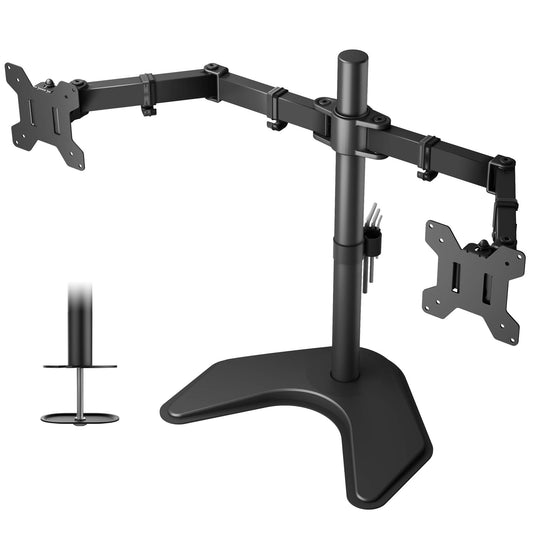 BONTEC Doppelmonitorhalterung für 13-27-Zoll-Bildschirme, verstellbare Tischhalterung mit Neige-, Schwenk- und Drehfunktion, VESA 75x75 & 100x100mm, höhenverstellbar, hält bis zu 10 kg pro Arm, stabile Basis für Zuhause und Büro