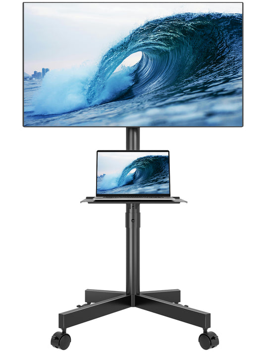 BONTEC Mobiler TV-Ständer auf Rollen, freistehender TV-Ständer für 23-60 Zoll LED LCD Plasma Fernseher, rollbarer TV-Wagen mit höhenverstellbarer Laptop-Ablage, max. VESA 400x400mm, hält bis zu 25kg