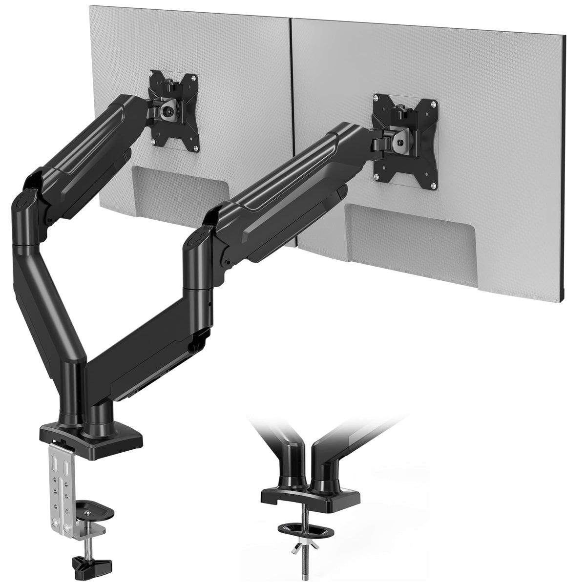 BONTEC Dual Monitor Halterung, Verstellbare Gasfederarme Monitor Tischhalterung für 13-32 Zoll Bildschirme, VESA 75 & 100 mm, 9 kg Max. Belastung, C-Klemme, Kabeldurchführung, Neigen, Schwenken, 360° Drehbar, Ergonomisches Design