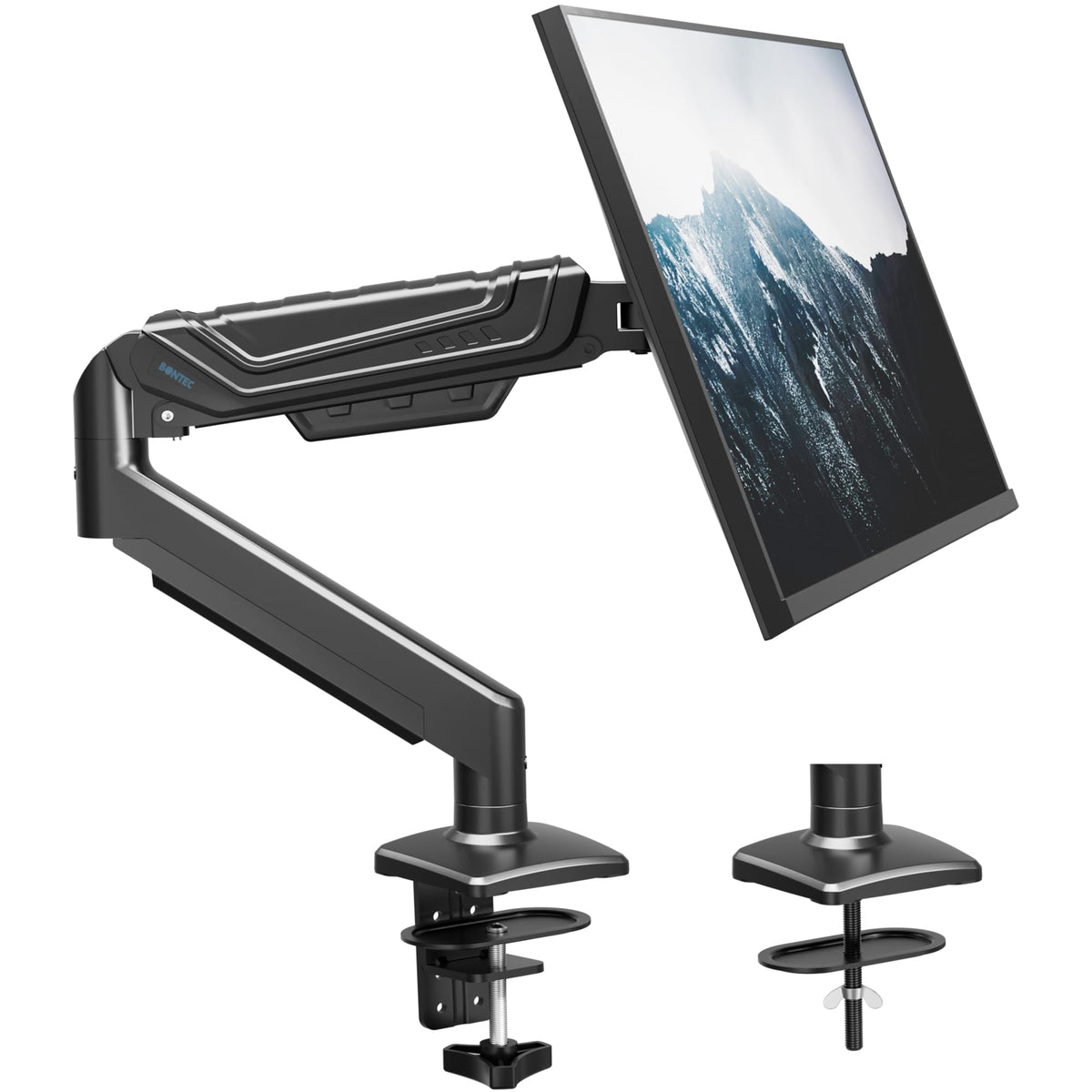BONTEC Einzel-Monitorarm-Schreibtischhalterung für 24-38 Zoll Flach- oder Curved-Bildschirme, Gasfeder Verstellbarer 12kg Robuster Monitorarm mit Neigung Schwenkung Drehung, VESA 75x75/100x100 mm, Kabelmanagementsystem