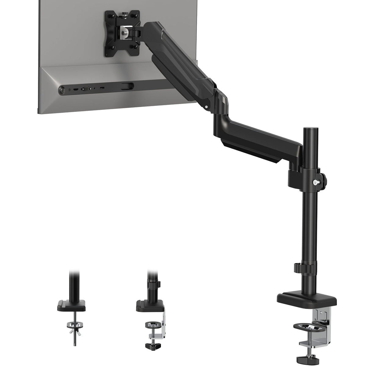BONTEC Einzel-Monitorarm-Schreibtischhalterung für 13-32 Zoll Bildschirme, verstellbarer Gasfederarm, VESA 75/100mm, 9kg Tragkraft, Neigen, Schwenken, 360° Drehung, C-Klemme & Kabeldurchführung Optionen, Ergonomisches Design
