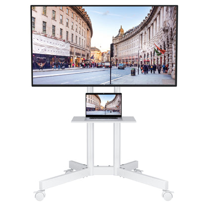 BONTEC Mobiler TV-Ständer auf Rollen, TV-Wagen mit feststellbaren Rollen für 32-85 Zoll LED-, LCD-, OLED-Flach- und Curved-TVs, neigbar, höhenverstellbar, max. VESA 600x400mm, 55kg Traglast, Laptopablage