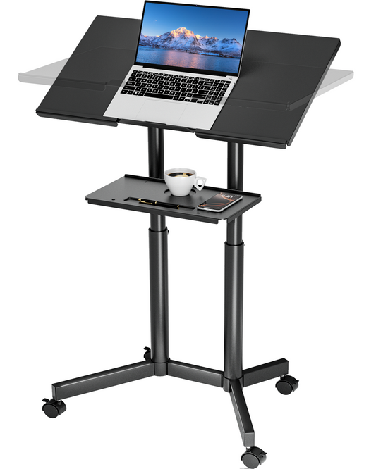 BONTEC Mobiler Stehpult-Konverter, Sitz-Steh-Schreibtisch mit Rollen, Höhenverstellbarer Heimbüro-Arbeitsplatz, Rolltisch-Laptop-Wagen mit Ablagefach, Schwarz