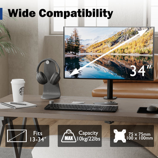 BONTEC Einzelmonitor-Schreibtischhalterung für 13-34 Zoll Bildschirme, Tragkraft bis 10kg, mit voller Beweglichkeit, zwei Installationsoptionen und integriertem Kabelmanagement