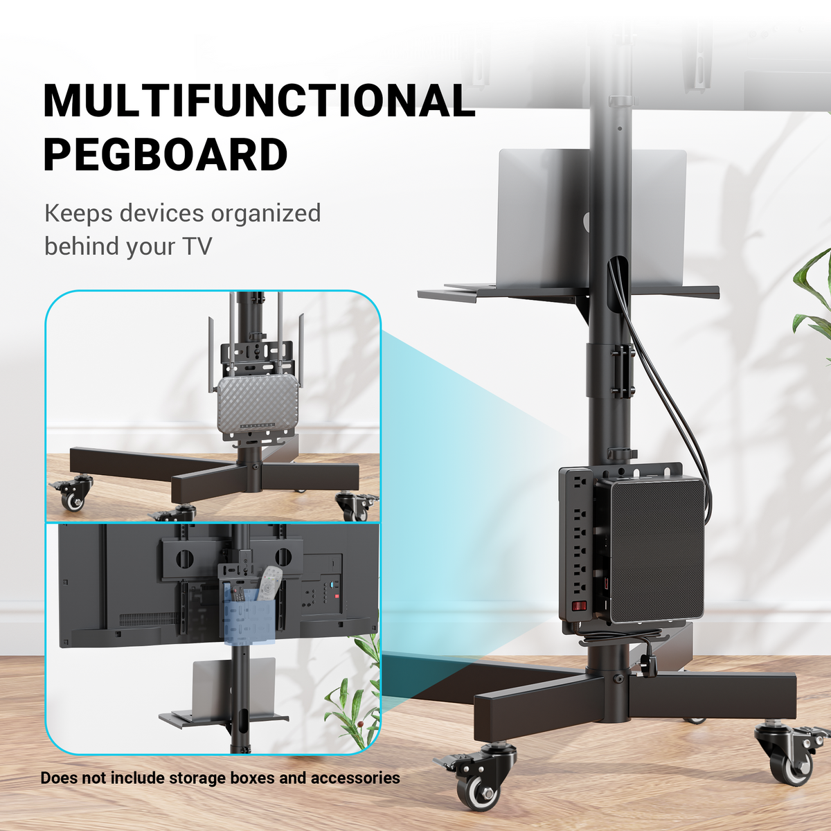 BONTEC Mobiler TV-Ständer mit Lochwand-Aufbewahrung für 23–60 Zoll Fernseher, Höhenverstellbarer TV-Rollwagen mit neigbarer Halterung, Tragkraft 40kg, Max VESA 400x400mm, arretierbare Metallrollen, Metallablage & Kabelmanagement
