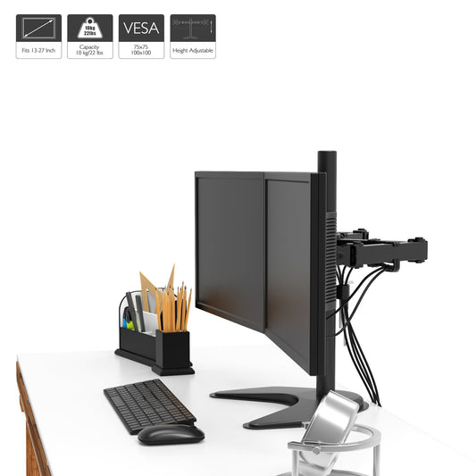 BONTEC Doppelmonitorhalterung für 13-27-Zoll-Bildschirme, verstellbare Tischhalterung mit Neige-, Schwenk- und Drehfunktion, VESA 75x75 & 100x100mm, höhenverstellbar, hält bis zu 10 kg pro Arm, stabile Basis für Zuhause und Büro