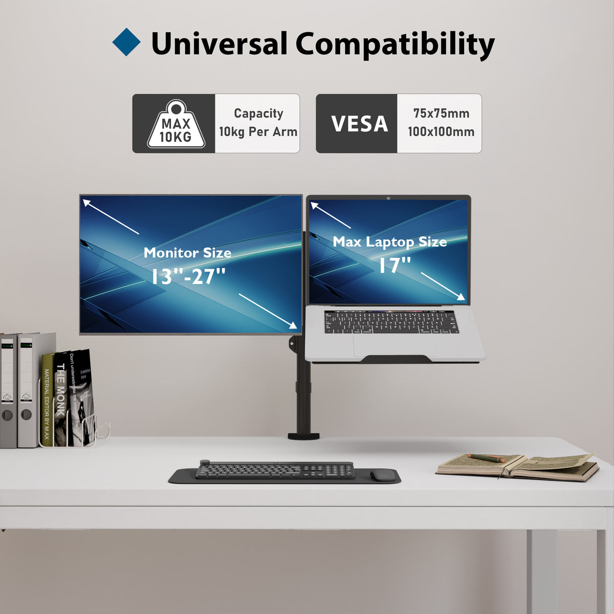 BONTEC Monitorarmhalterung mit Laptop-Fach für 13 bis 27 Zoll LCD LED Bildschirm & bis zu 17 Zoll Notebook, Neig-, Dreh- und Schwenkbar Ergonomischer Tischständer mit Klemme, VESA-Maße: 75x75-100x100mm
