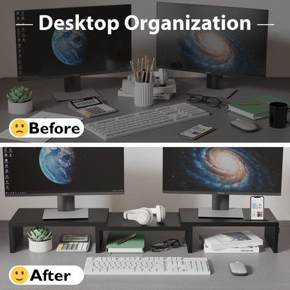 BONTEC Doppelmonitor-Ständererhöhung, verstellbare Länge und Winkel, ergonomischer Schreibtisch-Organizer mit Smartphone-Halterung, extra Stauraum und Kabelmanagement, hölzerner Monitorständer für Laptop, Drucker und Monitor