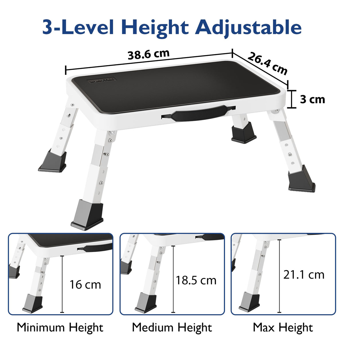 BONTEC Klappbarer Tritthocker, Metall-Trittleiter bis 150 kg, rutschfeste Plattform für Erwachsene und Kinder, leicht und faltbar, tragbarer Tritt für Küche, Bad, Wohnmobil, Camping, Büro, Wohnzimmer, Weiß