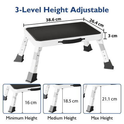 BONTEC Klappbarer Tritthocker, Metall-Trittleiter bis 150 kg, rutschfeste Plattform für Erwachsene und Kinder, leicht und faltbar, tragbarer Tritt für Küche, Bad, Wohnmobil, Camping, Büro, Wohnzimmer, Weiß