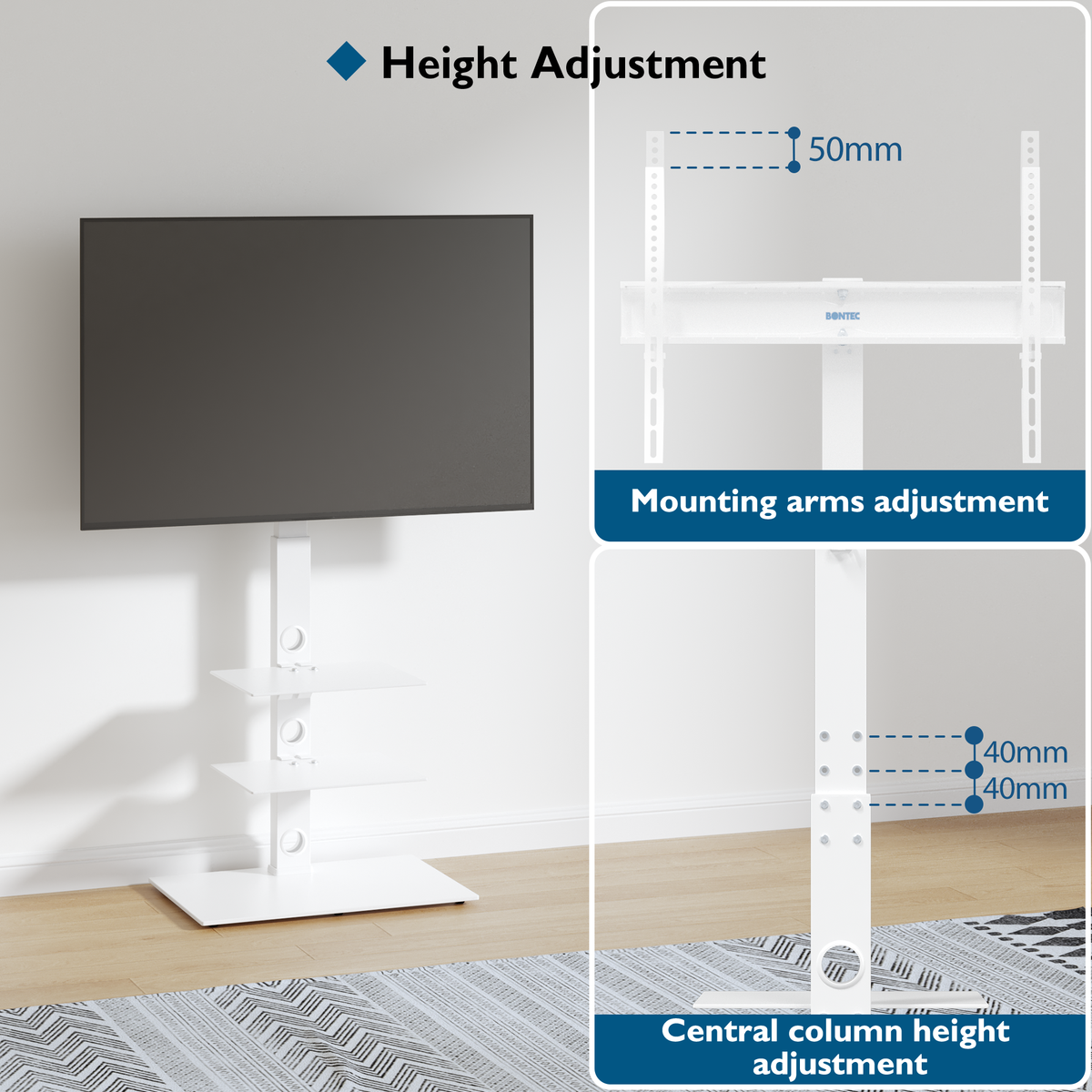 BONTEC Universal Boden-TV-Ständer für 30-70 Zoll LED OLED LCD Plasma Flach- und Curved-Bildschirme, höhenverstellbarer hoher TV-Ständer mit 3-lagigen gehärteten Glasablagen bis zu 40 kg, maximale VESA 600x400mm