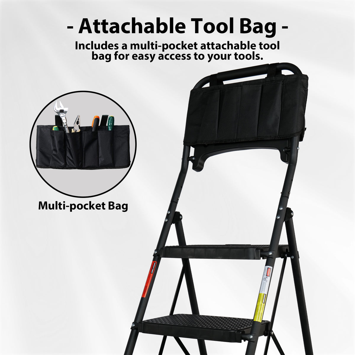 BONTEC 5-Stufen-Leiter mit Werkzeugtasche und Ablage, klappbare Trittleiter mit breiten Anti-Rutsch-Pedalen, Handläufen und Softgrip, klappbarer Metall-Stufenhocker für Küche, Speisekammer, Garage, bis 150 kg, Schwarz