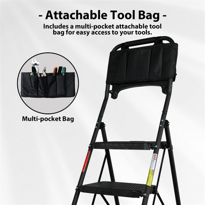 BONTEC 5-Stufen-Leiter mit Werkzeugtasche und Ablage, klappbare Trittleiter mit breiten Anti-Rutsch-Pedalen, Handläufen und Softgrip, klappbarer Metall-Stufenhocker für Küche, Speisekammer, Garage, bis 150 kg, Schwarz