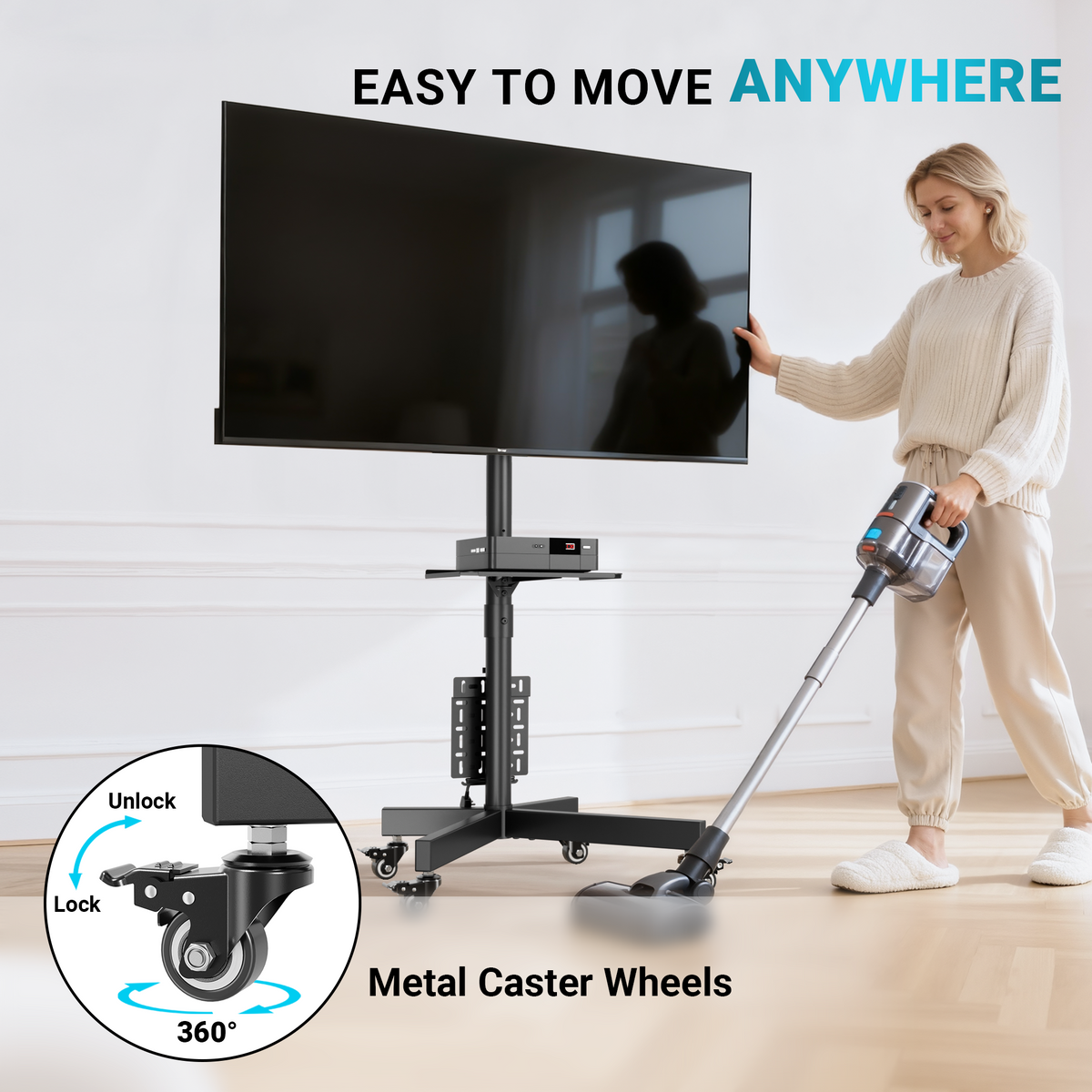 BONTEC Mobiler TV-Ständer mit Lochwand-Aufbewahrung für 23–60 Zoll Fernseher, Höhenverstellbarer TV-Rollwagen mit neigbarer Halterung, Tragkraft 40kg, Max VESA 400x400mm, arretierbare Metallrollen, Metallablage & Kabelmanagement