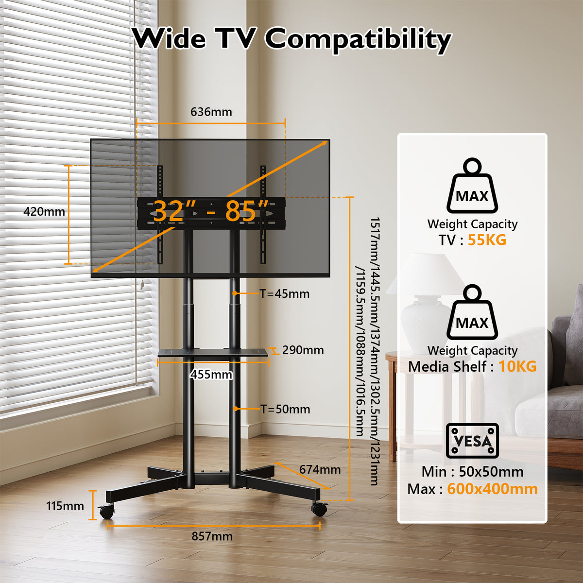BONTEC Mobiler TV-Ständer auf Rollen, TV-Wagen mit feststellbaren Rollen für 32-85 Zoll LED-, LCD-, OLED-Flach- und Curved-TVs, neigbar, höhenverstellbar, max. VESA 600x400mm, 55kg Traglast, Laptopablage