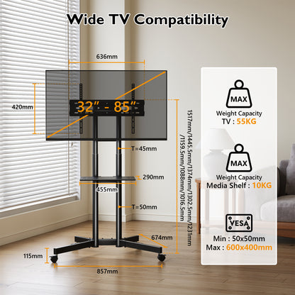 BONTEC Mobiler TV-Ständer auf Rollen, TV-Wagen mit feststellbaren Rollen für 32-85 Zoll LED-, LCD-, OLED-Flach- und Curved-TVs, neigbar, höhenverstellbar, max. VESA 600x400mm, 55kg Traglast, Laptopablage